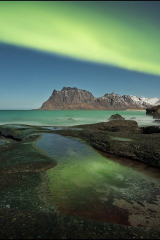 Обои горы, море, побережье, северное сияние, норвегия, лофотенские острова, mountains, sea, coast, northern lights, norway, the lofoten islands разрешение 2048x1370 Загрузить