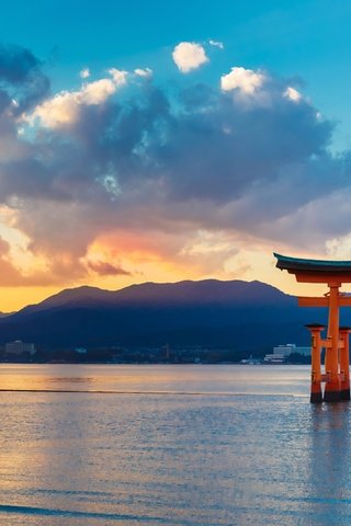 Обои небо, облака, закат, море, япония, torii gate, the sky, clouds, sunset, sea, japan разрешение 3840x2160 Загрузить