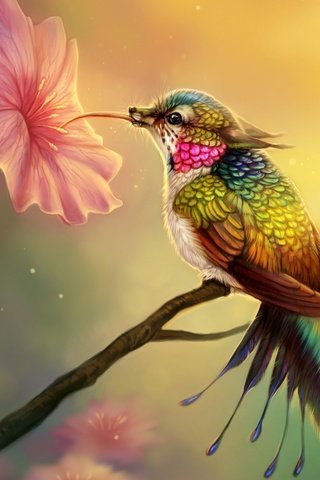 Обои цветы, арт, птица, клюв, перья, колибри, цифровое искусство, flowers, art, bird, beak, feathers, hummingbird, digital art разрешение 2560x1440 Загрузить