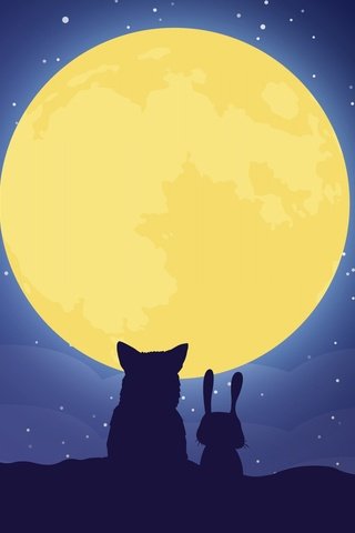 Обои луна, минимализм, силуэты, волк, заяц, цифровое искусство, the moon, minimalism, silhouettes, wolf, hare, digital art разрешение 2560x1440 Загрузить