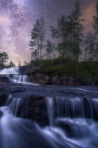 Обои небо, ночь, природа, камни, водопад, поток, the sky, night, nature, stones, waterfall, stream разрешение 1920x1080 Загрузить