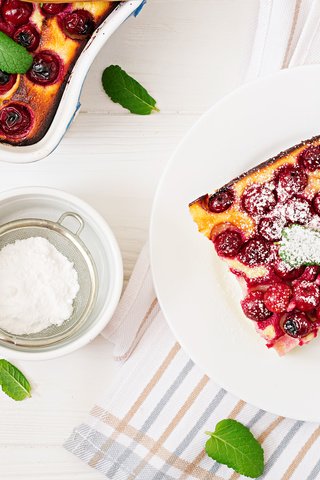 Обои вишня, сахарная пудра, запеканка, timolina, cherry, powdered sugar, casserole разрешение 5469x3688 Загрузить