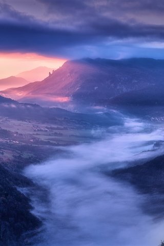Обои горы, утро, туман, рассвет, панорама, долина, испания, mountains, morning, fog, dawn, panorama, valley, spain разрешение 5000x2812 Загрузить