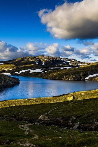 Обои горы, водоем, домик, норвегия, берега, mountains, pond, house, norway, bank разрешение 3840x2160 Загрузить