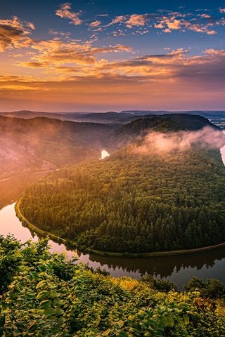 Обои деревья, река, закат, вид, германия, саар, сааршляйфе, trees, river, sunset, view, germany, saar разрешение 2048x1280 Загрузить