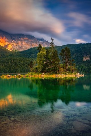 Обои озеро, природа, закат, пейзаж, леса, германия, альпы, бавария, lake, nature, sunset, landscape, forest, germany, alps, bayern разрешение 2000x1334 Загрузить