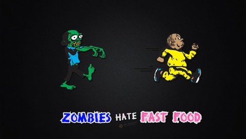 Обои еда, zombies hate fast food, зомби, человек, удирает, food, zombies, people, flees разрешение 2560x1600 Загрузить