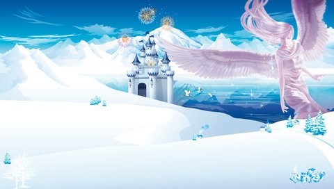 Обои горы, зима, замок, аниме, ангел, mountains, winter, castle, anime, angel разрешение 2557x1600 Загрузить