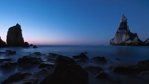 Обои скалы, море, сумерки, rocks, sea, twilight разрешение 2640x1760 Загрузить