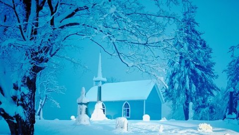 Обои снег, зима, церковь, елки, домик, snow, winter, church, tree, house разрешение 1920x1200 Загрузить