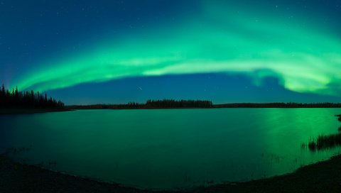 Обои ночь, река, северное сияние, night, river, northern lights разрешение 3360x1320 Загрузить