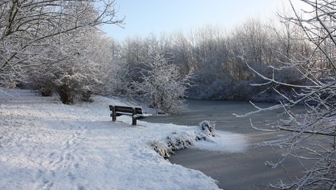 Обои река, снег, зима, лавочка, river, snow, winter, shop разрешение 2560x1600 Загрузить