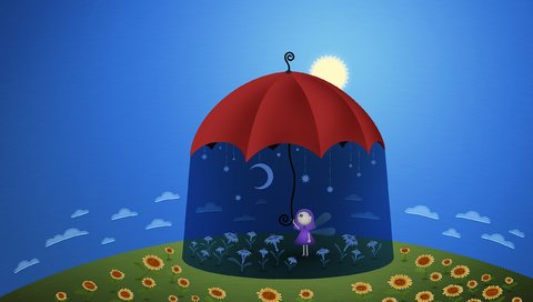 Обои солнце, зонт, подсолнухи, the sun, umbrella, sunflowers разрешение 2560x1600 Загрузить