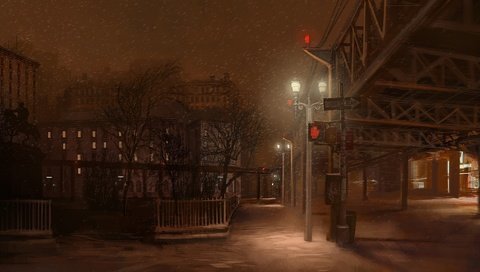 Обои ночь, деревья, снег, мост, улица, заборы, фанари, рисовка, night, trees, snow, bridge, street, fences, fanari, panache разрешение 1920x1172 Загрузить