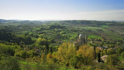 Обои холмы, деревня, церковь, hills, village, church разрешение 2560x1024 Загрузить