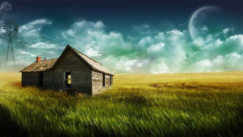 Обои трава, луна, дом, одинокий дом, grass, the moon, house разрешение 1920x1200 Загрузить