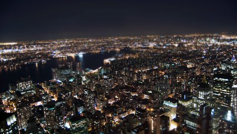 Обои ночь, огни, нью-йорк, tilt-shift эффект, night, lights, new york, the tilt-shift effect разрешение 2560x1600 Загрузить