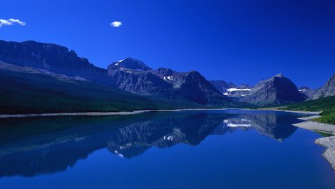 Обои небо, трава, вода, горы, берег, отражение, the sky, grass, water, mountains, shore, reflection разрешение 3600x1200 Загрузить