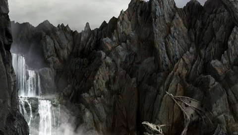 Обои скалы, море, водопад, дракон, скелет, rocks, sea, waterfall, dragon, skeleton разрешение 2100x1680 Загрузить