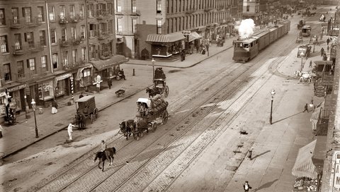 Обои чёрно-белое, улочка, улица, трамвай, повозка, старый город, black and white, street, tram, wagon, old town разрешение 5341x3705 Загрузить