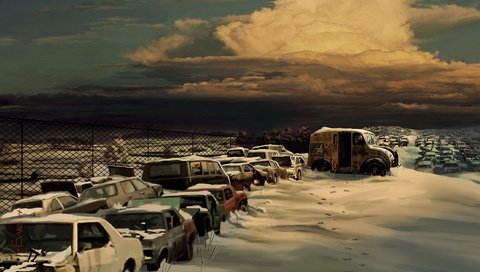 Обои рисунок, облака, снег, машины, свалка, автомобили, figure, clouds, snow, machine, dump, cars разрешение 1920x1178 Загрузить