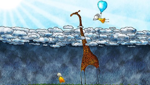 Обои облака, солнце, дети, шар, дождь, жираф, владстудио, clouds, the sun, children, ball, rain, giraffe, vladstudio разрешение 2560x1600 Загрузить