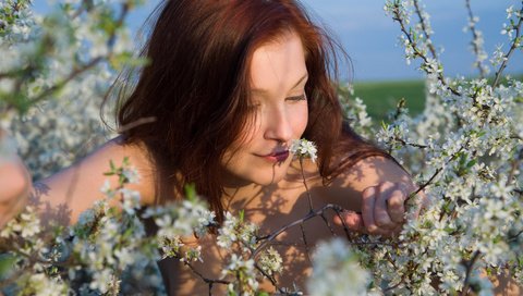 Обои цветы, девушка, ветки, волосы, flowers, girl, branches, hair разрешение 3889x2912 Загрузить