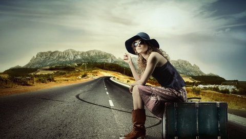 Обои дорога, горы, девушка, чемодан, road, mountains, girl, suitcase разрешение 1920x1200 Загрузить