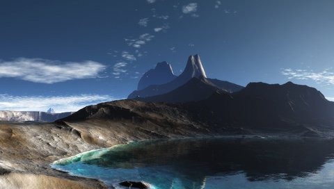 Обои озеро, горы, скалы, панорама, lake, mountains, rocks, panorama разрешение 3840x1200 Загрузить