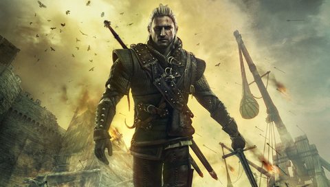 Обои арт, меч, война, замок, герой, the witcher 2, требушет, стрелы, art, sword, war, castle, hero, trebuchet, arrows разрешение 1920x1080 Загрузить