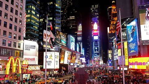 Обои ночь, город, небоскребы, движение, улица, нью-йорк, times square at night, таймс-сквер, night, the city, skyscrapers, movement, street, new york, times square разрешение 2560x1600 Загрузить