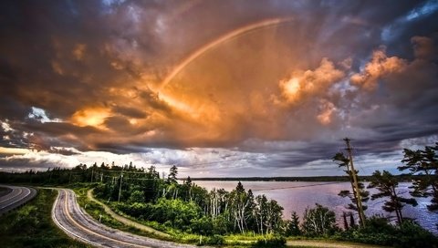 Обои дорога, облака, деревья, радуга, road, clouds, trees, rainbow разрешение 1920x1200 Загрузить