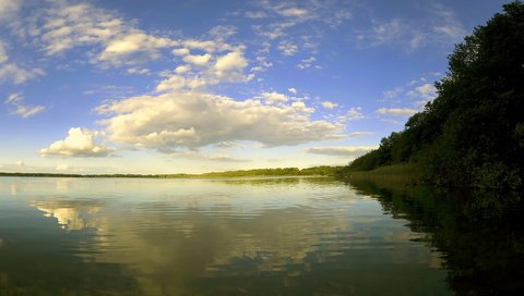 Обои небо, облака, деревья, река, природа, берег, лес, отражение, the sky, clouds, trees, river, nature, shore, forest, reflection разрешение 1920x1080 Загрузить