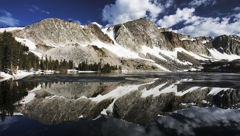 Обои озеро, горы, снег, отражение, поверхность, lake, mountains, snow, reflection, surface разрешение 1920x1080 Загрузить