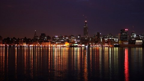 Обои огни, море, ночной город, сша, нью-йорк, lights, sea, night city, usa, new york разрешение 1920x1200 Загрузить