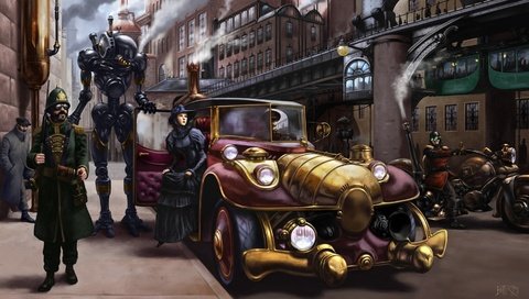 Обои люди, город, улица, машины, стимпанк, старый город, people, the city, street, machine, steampunk, old town разрешение 1920x1080 Загрузить