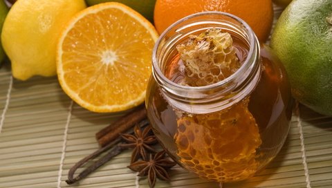 Обои еда, фрукты, лимон, апельсин, соты, сладкое, мед, банка, food, fruit, lemon, orange, cell, sweet, honey, bank разрешение 1920x1200 Загрузить