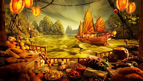 Обои картина, корабль, еда, фантазия, япония, кухня, карл уорнер, picture, ship, food, fantasy, japan, kitchen разрешение 1920x1200 Загрузить