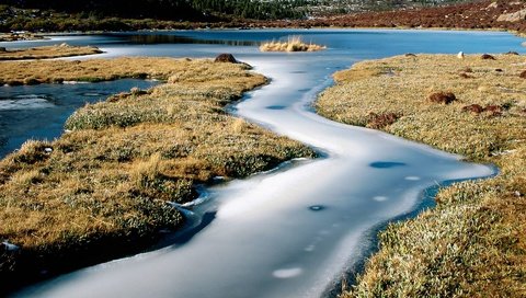 Обои трава, вода, река, камни, лёд, австралия, тасмания, grass, water, river, stones, ice, australia, tasmania разрешение 1920x1440 Загрузить