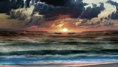 Обои небо, облака, вода, солнце, цвета, волны, закат, море, the sky, clouds, water, the sun, color, wave, sunset, sea разрешение 1920x1080 Загрузить