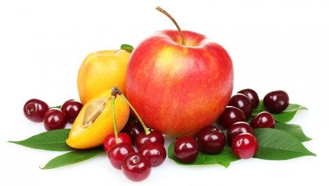 Обои фрукты, абрикос, ягоды, белый фон, вишня, яблоко, листики, fruit, apricot, berries, white background, cherry, apple, leaves разрешение 1920x1200 Загрузить