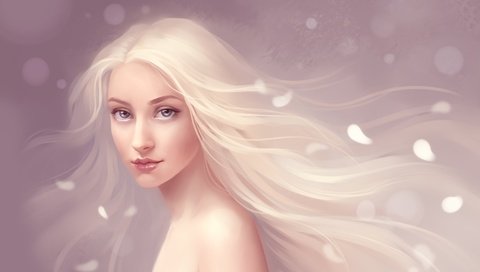 Обои арт, девушка, лепестки, взгляд, ангел, волосы, белые, art, girl, petals, look, angel, hair, white разрешение 1920x1200 Загрузить