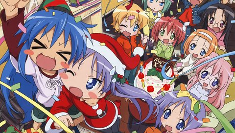 Обои группа, lucky star, izumi konata, hiiragi tsukasa, hiiragi kagami, takara miyuki, елочная, group, christmas разрешение 3960x3038 Загрузить