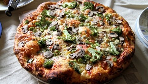 Обои грибы, пицца, брокколи, итальянская кухня, лепешка, mushrooms, pizza, broccoli, italian cuisine, pellet разрешение 1920x1200 Загрузить