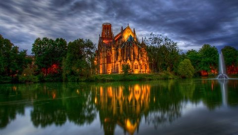 Обои облака, озеро, собор, германия, отражние, clouds, lake, cathedral, germany, otragenie разрешение 2560x1682 Загрузить