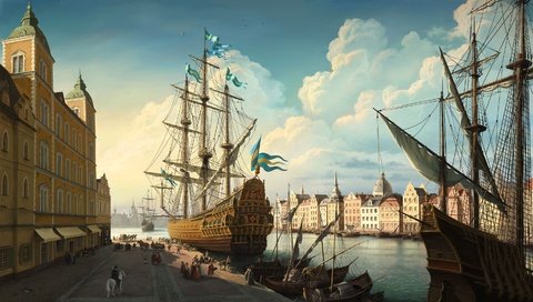 Обои рисунок, корабль, парусник, причал, figure, ship, sailboat, pier разрешение 3000x1709 Загрузить