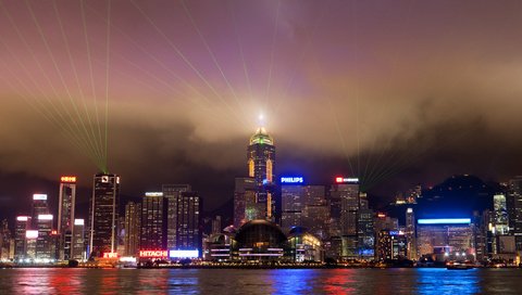 Обои огни, вода, небоскребы, гонконг, lights, water, skyscrapers, hong kong разрешение 5345x3563 Загрузить