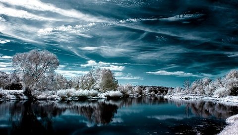 Обои деревья, озеро, снег, зима, отражение, иней, trees, lake, snow, winter, reflection, frost разрешение 2000x1500 Загрузить