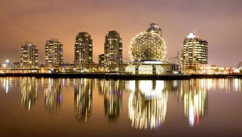 Обои вода, отражение, шар, ванкувер, канада, ночные огни, water, reflection, ball, vancouver, canada, night lights разрешение 1920x1080 Загрузить