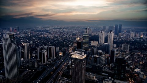 Обои вечер, город, небоскребы, дома, сумерки, улицы, the evening, the city, skyscrapers, home, twilight, street разрешение 1920x1200 Загрузить